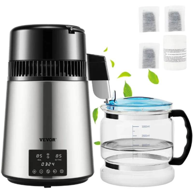 1.1 Gal Water Distiller 0.3 Gal/H 750W 304 Stainless Steel Countertop Maker Dual Temp Display Glass Carafe & 3 Carbon Packs - (Silver)