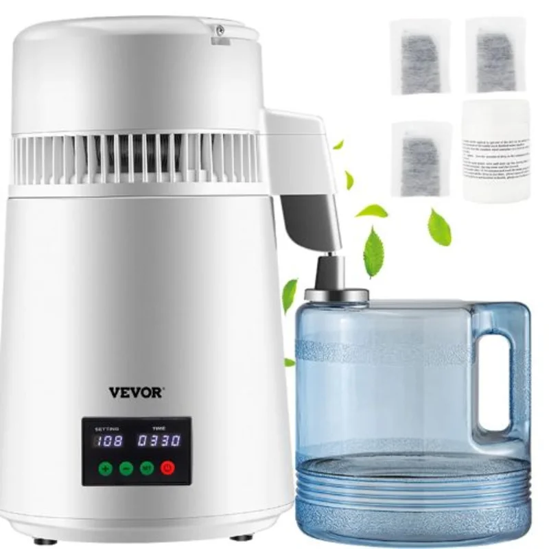 1.1 Gal Water Distiller 750W 0.3 Gal/H Stainless Steel Countertop Maker with Timer Temp Display Plastic Carafe Cleaning Powder & 3 Carbon Packs - White