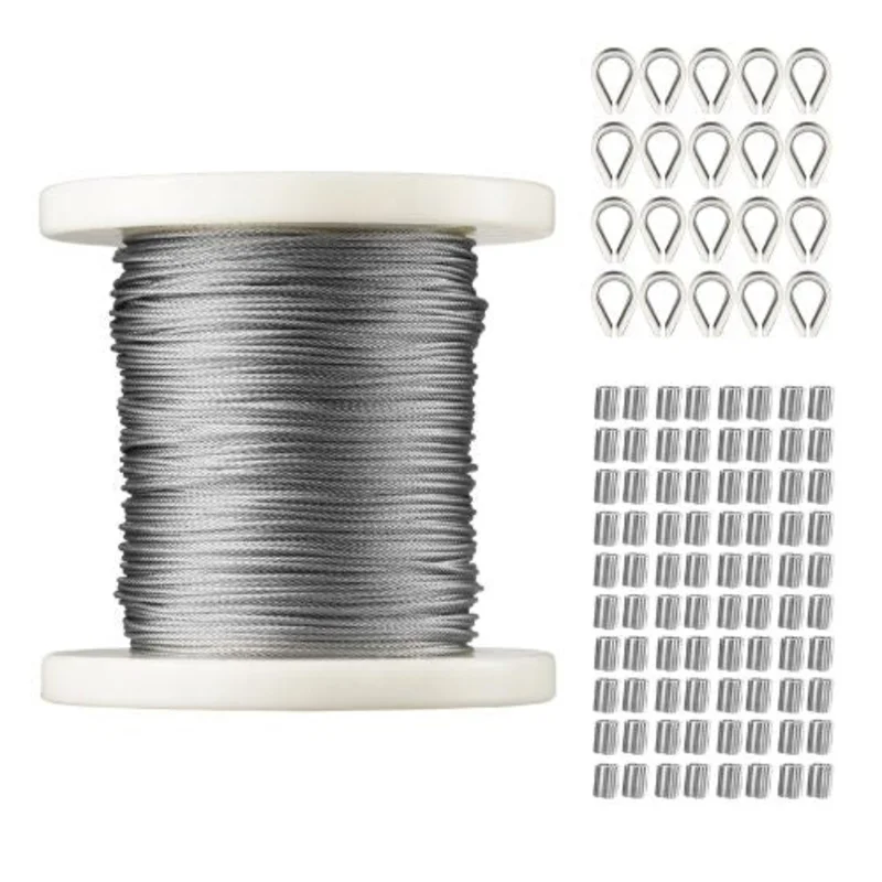 1/16 Inch 7x7 Strand T304 Stainless Steel Braided Aircraft Cable 328FT With Accessories
