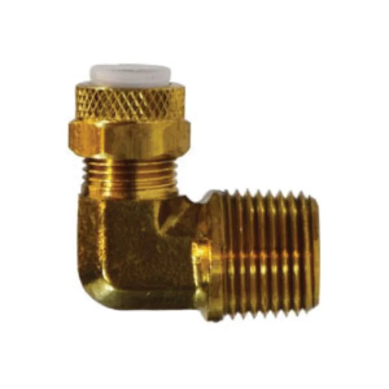 1/2 Inch Tube OD 3/8 Inch MNPTF Aluminum and Copper Tubing 90 deg Elbow Brass 20296