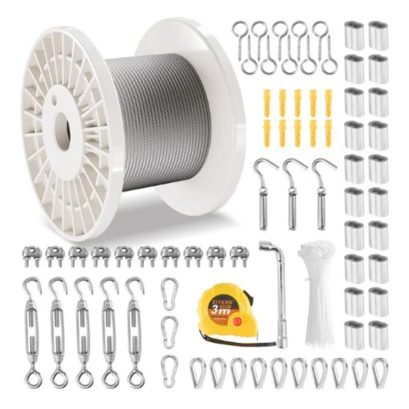 1/8 Inch 7x7 Strand T304 Stainless Steel Braided Aircraft Cable 100FT With 124 Accessories