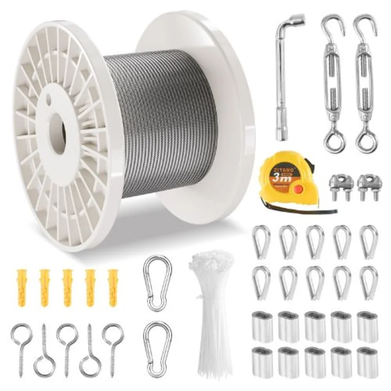 1/8 Inch 7x7 Strand T304 Stainless Steel Braided Aircraft Cable 100FT With 59 Accessories