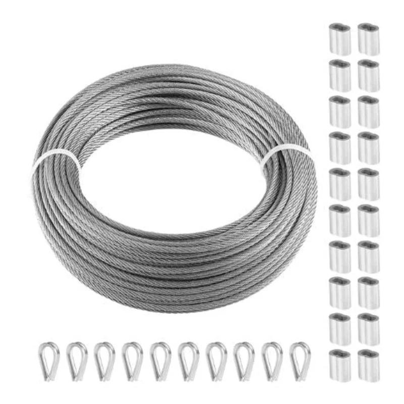 1/8 Inch 7x7 Strand T316 Stainless Steel Braided Aircraft Cable 100FT With Accessories
