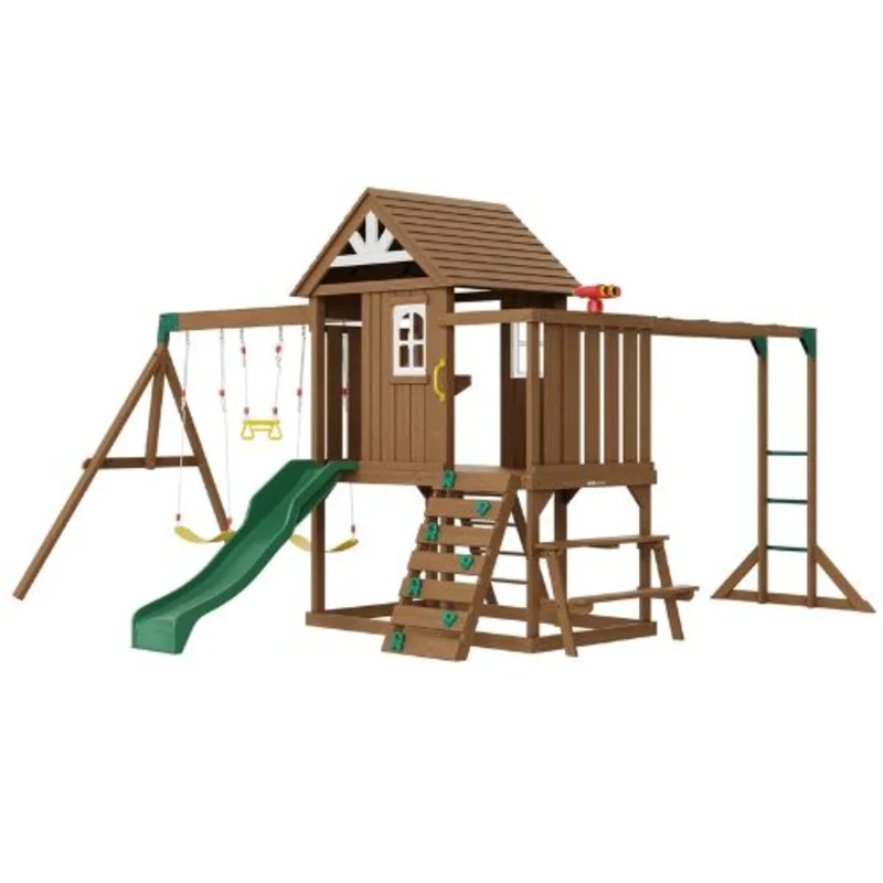 10-in-1 Wooden Swing & Playset with Slide, Fort, Climbing Wall & Sandbox