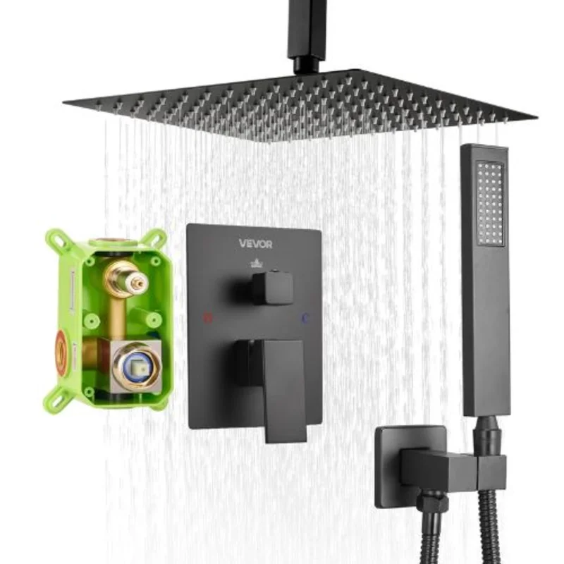 10" Square Ceiling Mount Rainfall Shower System (Matte Black)