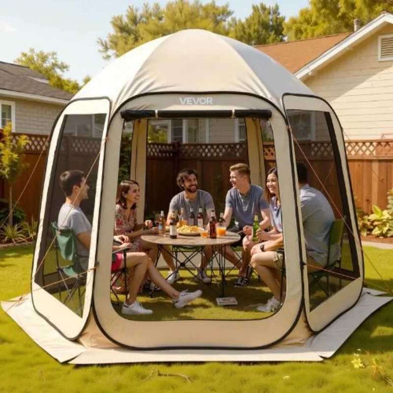 10 x 9.2 ft Pop-Up Screen Tent 48 Person Screened Canopy Shelter with Netting Sides Stakes & Carry Bag (Beige)