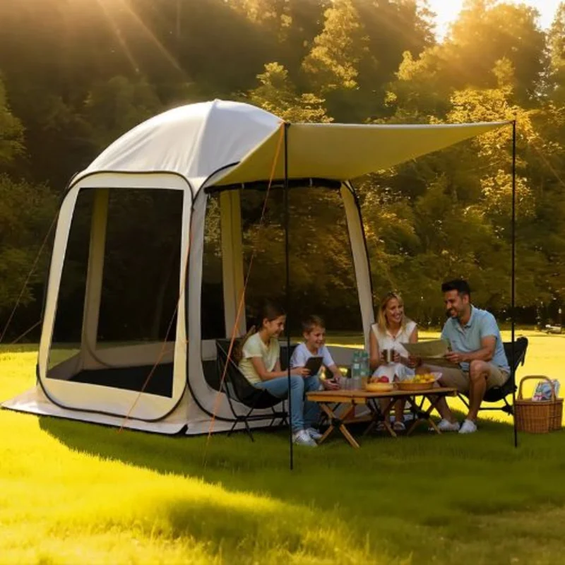 10 x 9.2 ft Pop-Up Screen Tent with Awning, 48 Person Screened Canopy Shelter with Netting Sides & Carry Bag Beige