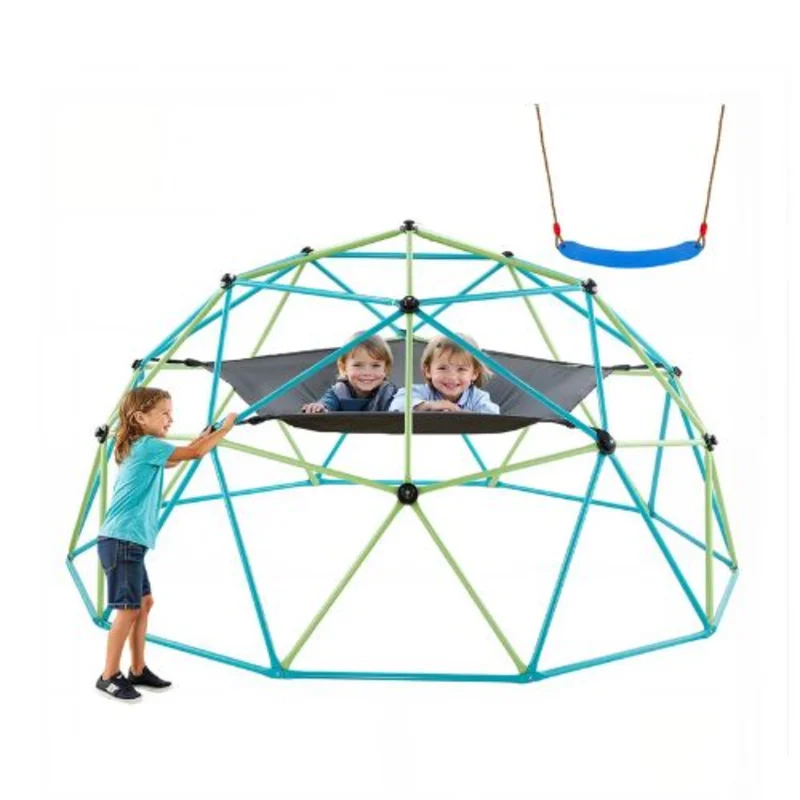10FT Geometric Dome Climber with Swing & Hammock 1000LBS Capacity Easy Assembly Outdoor Playground for Kids 3-10 Years Old