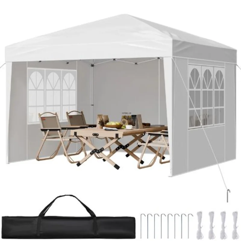 10x10 Ft Pop-Up Canopy Tent Portable Gazebo with 3 Sidewalls & Ventilated Windows Adjustable Height for Outdoor Events & Patio