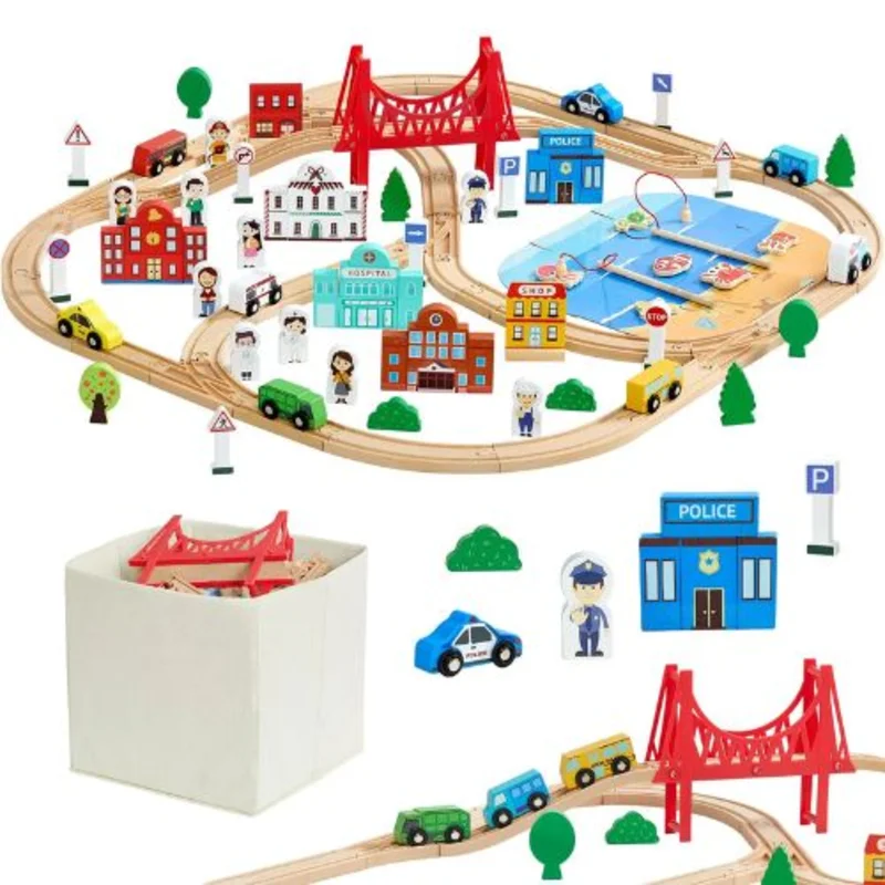 113PCS Wooden Train Set with Storage Box City Railway Track Toy for Kids Ages 3-8