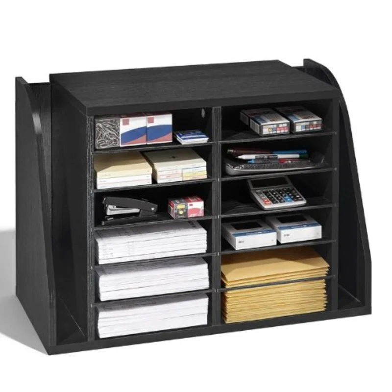 12-Compartment Literature Organizer with Side Vertical Storage, Wooden Mailbox Sorter (Black)