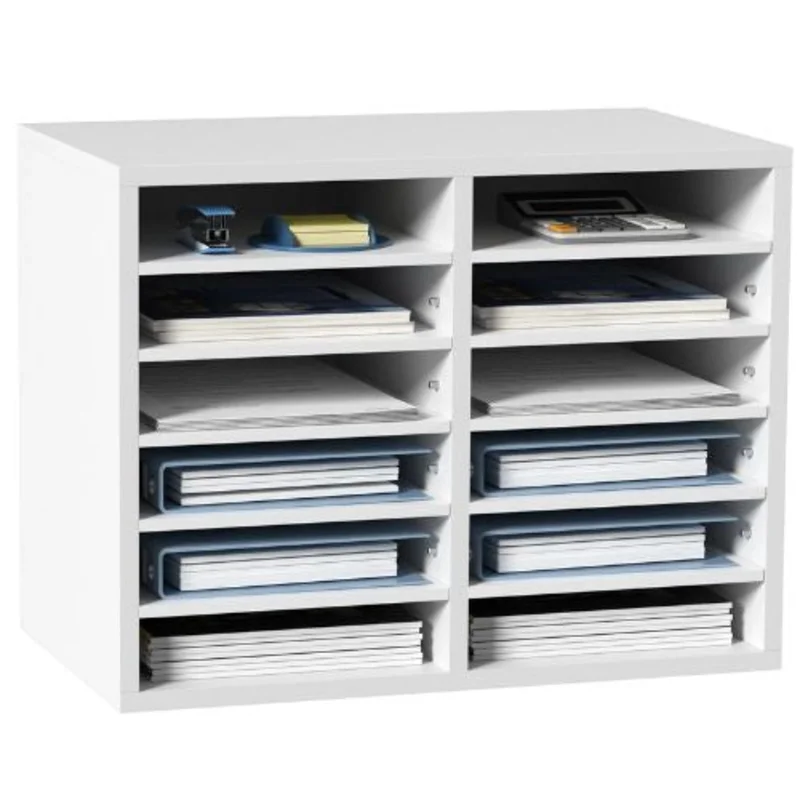 12 Compartment Wood Literature Organizer for Office & Home (White)
