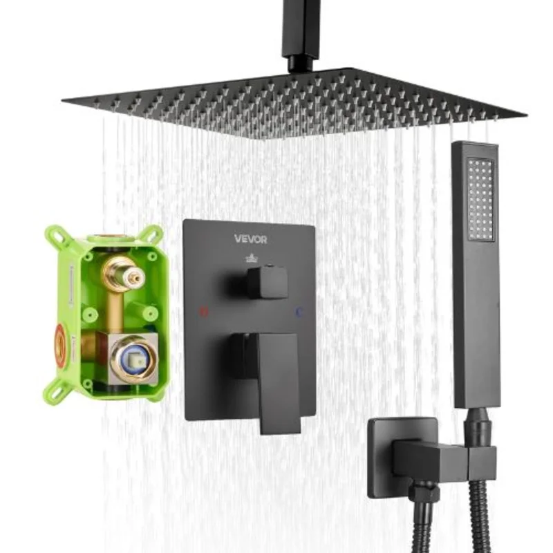 12" Square Ceiling Mount Rainfall Shower System (Matte Black)