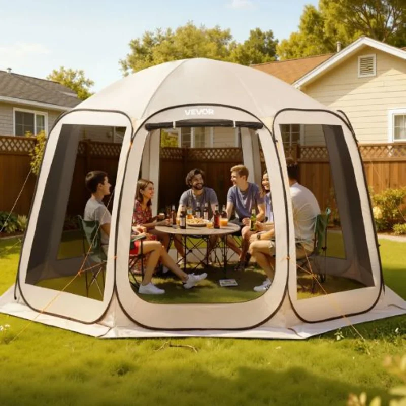 12 x 11 ft Pop-Up Screen Tent 1012 Person Screened Canopy Shelter with Netting Sides Stakes & Carry Bag (Beige)