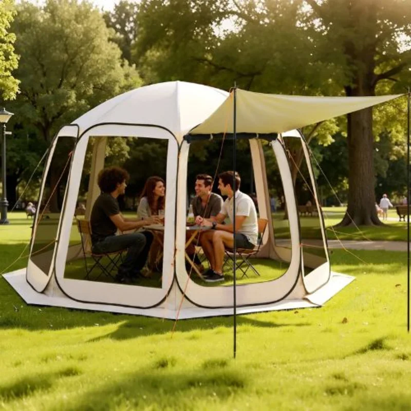 12 x 11 ft Pop-Up Screen Tent with Awning 1012 Person Screened Canopy Shelter with Netting Sides & Carry Bag (Beige)
