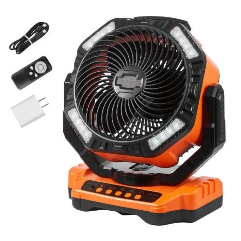 13 Inch Portable Rechargeable Fan with LED Lantern 4-Speed Adjustable, 45/90 Automatic Swivel, Timer, USB Battery-Powered Fan