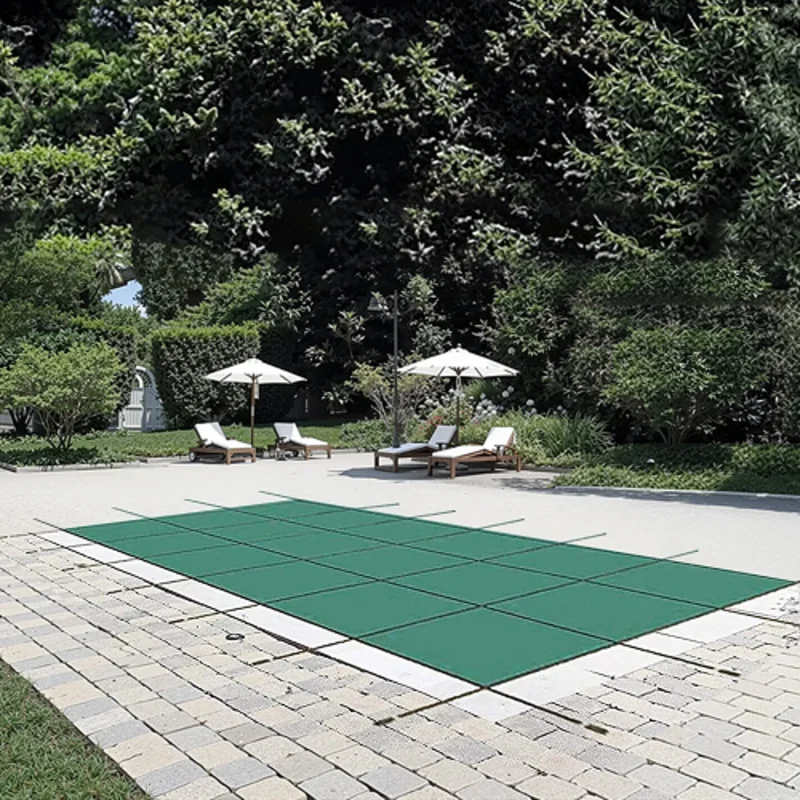 14 x 26 ft Inground Pool Safety Cover Mesh PP Winter Cover, Triple-Stitched, Green, Hardware Included (No Tray)