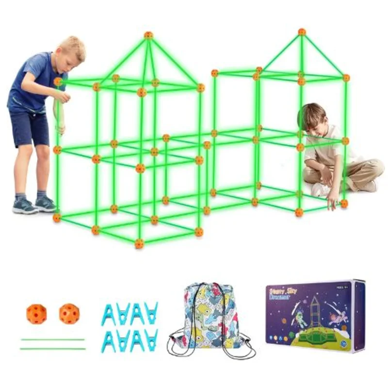 140 PCS Glow-in-the-Dark Fort Building Kit for Kids, STEM Construction Set with 96 Rods & 44 Balls, Ages 48+