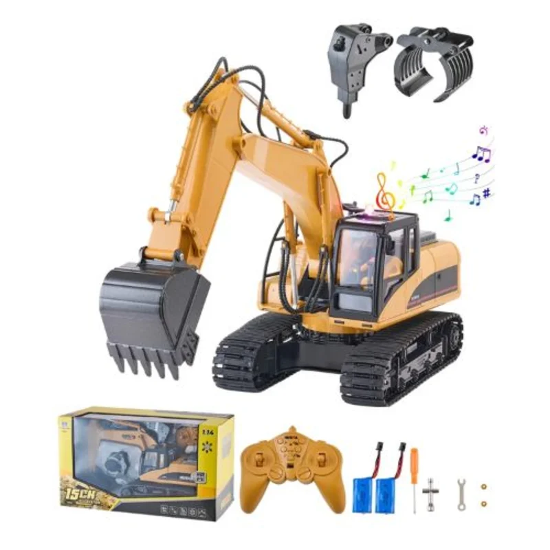 15-Channel 3-in-1 RC Excavator 1:14 Scale Digger with Metal Shovel Lights & Sound Remote Control Vehicle for Kids  Includes 2 Batteries