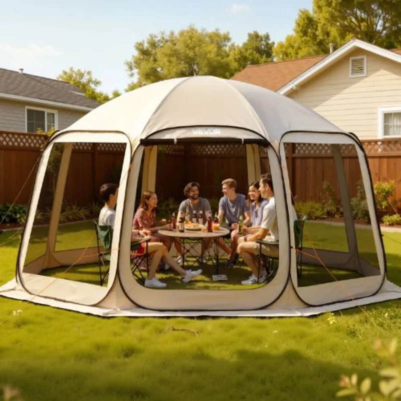 15 x 13.8 ft Pop-Up Screen Tent 1215 Person Large Screened Canopy Shelter with Netting Sides Stakes & Carry Bag  (Beige)
