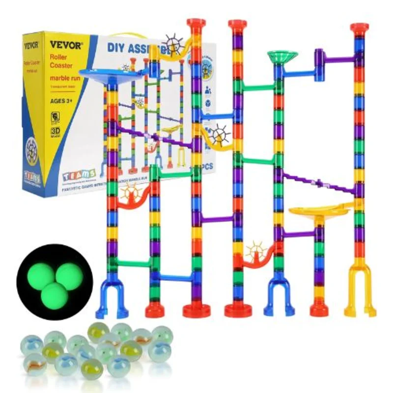 150-Piece Marble Run Set with 10 Glow-in-the-Dark & 40 Glass Marbles STEM Maze Race Track Toy for Kids 3+