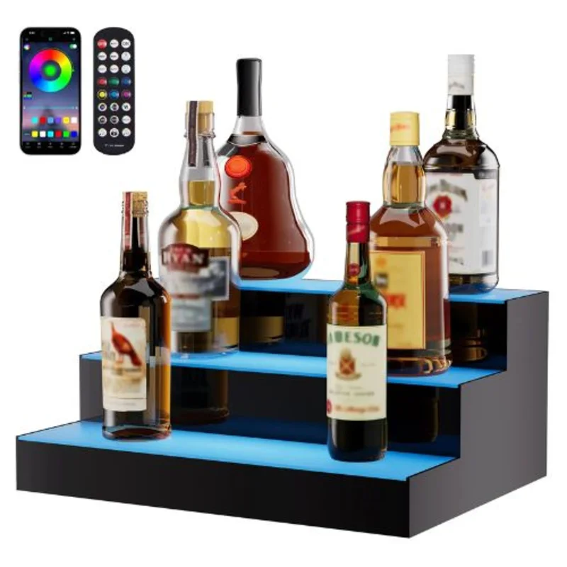 16 Inch 3 Tiers LED Lighted Liquor Bottle Display with RF Remote & App Control
