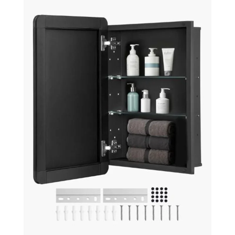 16x24 Inch Medicine Cabinet with Mirror Aluminum Frame Adjustable Shelves Recessed & Wall-Mounted for Bathroom