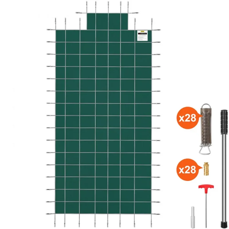 16x32 ft Rectangle Pool Safety Cover, Green Mesh with 4x8 ft Center End Steps, Solid Winter Cover with Protrusions