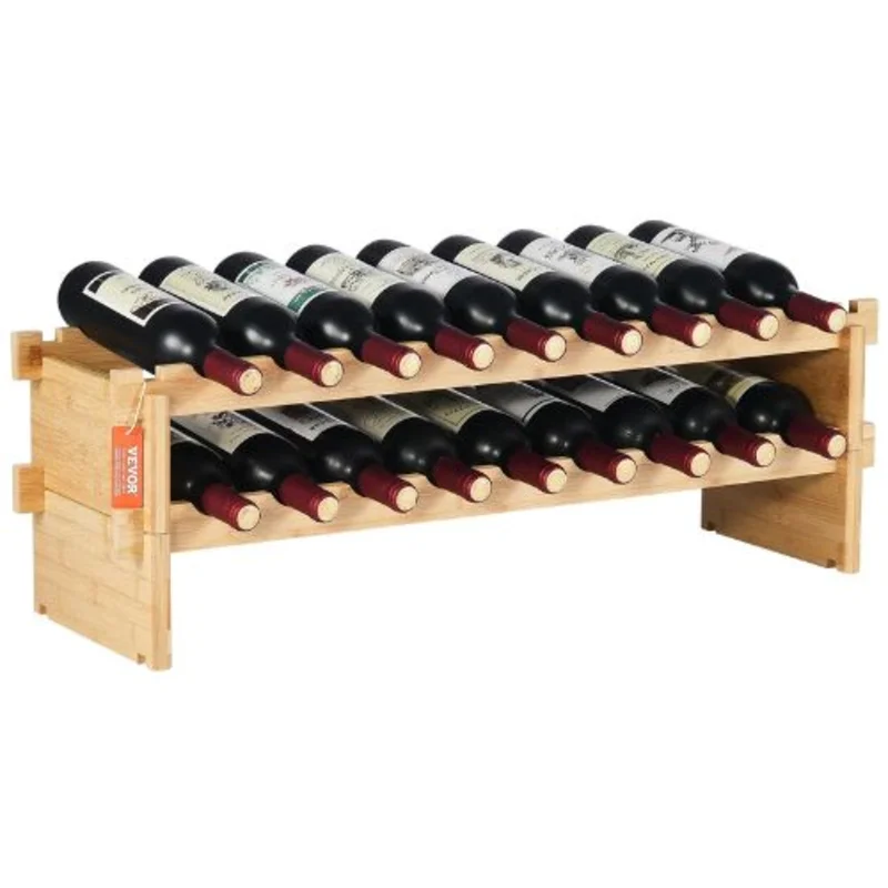 18 Bottle Wine Rack with 2-Tier Solid Bamboo Wood Storage Racks for Kitchen Bar and Cellar (Natural Color)