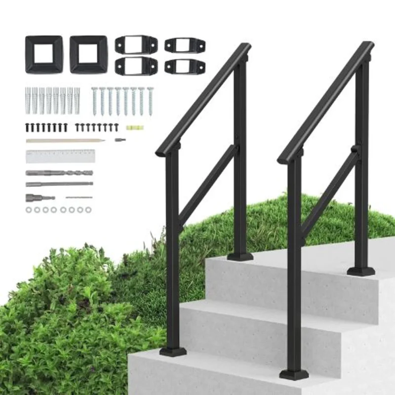 2-3 Steps Black Outdoor for Seniors Porch Deck Handrails FG-23-2 (2 PCS)