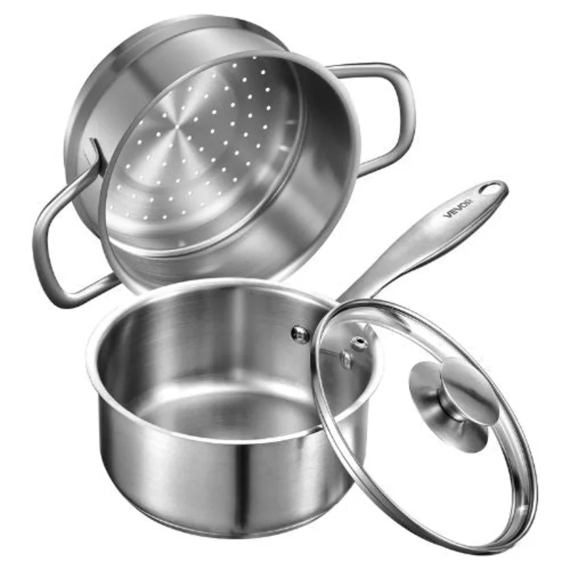 2.5 QT Stainless Steel Saucepan with Steamer with Glass Lid for for Oven Dishwasher Induction Cooker