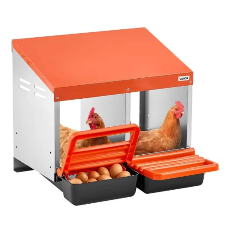 2-Compartment Chicken Nesting Box Wall-Mount Roll-Away Egg Laying Box Galvanized Steel & Plastic Easy Egg Collection for Chickens (Orange)