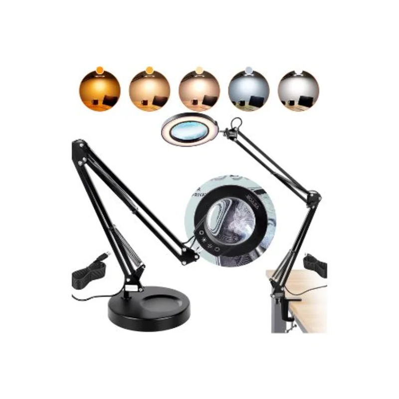 2-in-1 Adjustable Lighted 5X Magnifying Lamp With Light And Stand, 4.3 Glass Lens Desk Magnifier