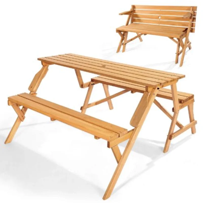 2-in-1 Foldable Picnic Table & Bench Set Transforming Wooden Outdoor Table with Umbrella Hole Portable (Brown)
