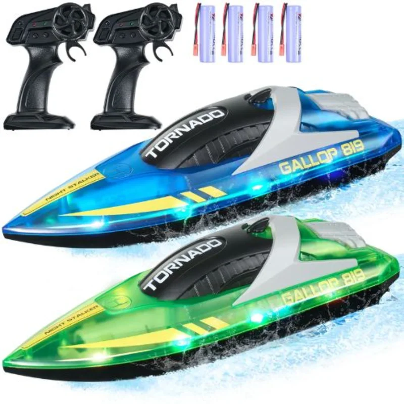 2-Pack 2.4GHz RC Boat 12 km/h with LED Lights, Waterproof, 4 Batteries, for Pools & Lakes