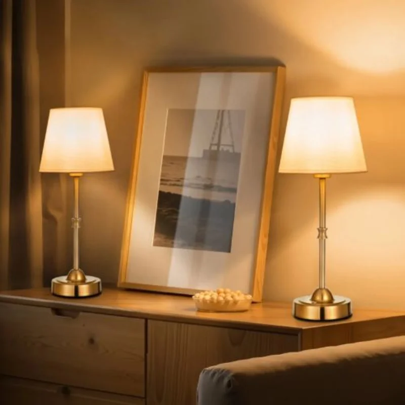 2 Pack Cordless Table Lamp 5200mAh Rechargeable Battery 3-Level Brightness Fabric Shade 2700-3000K Gold