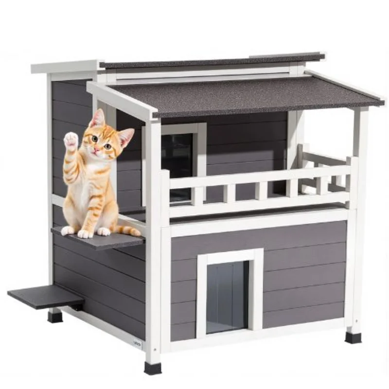2-Story Insulated Cat House with Balcony Foam Insulation Waterproof Shelter for 1-3 Cats 33" x 29.5" x 32"