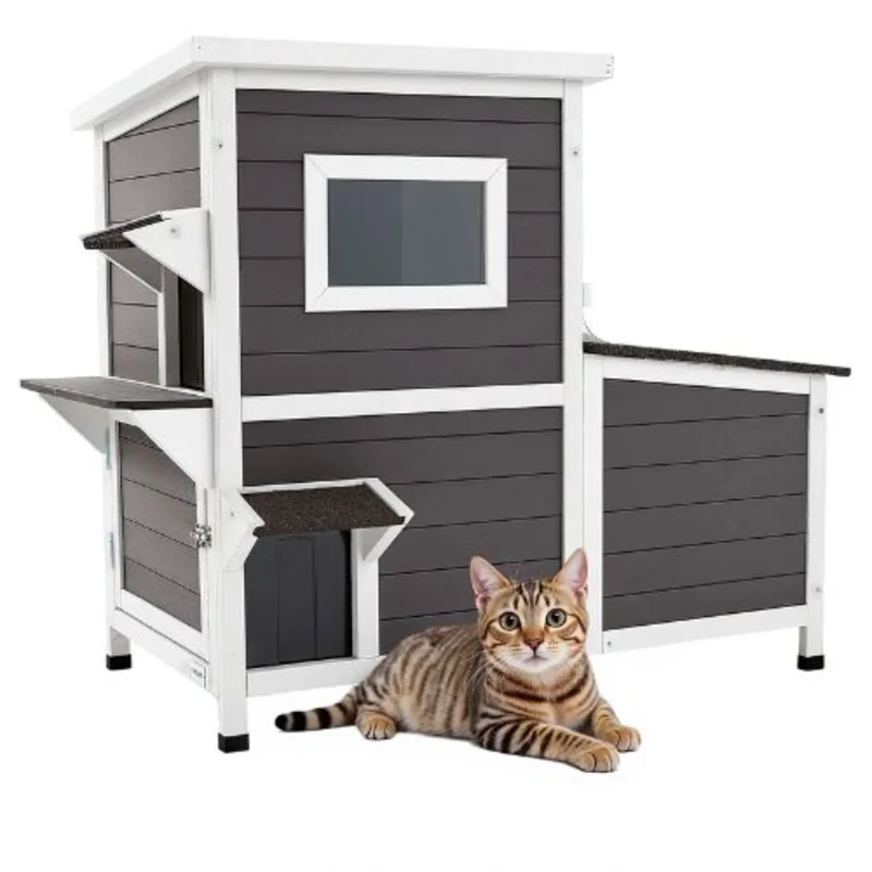 2-Story Outdoor Cat House for 3 Cats Elevated Feral Shelter with Stairs Clear Window & Flap Doors Waterproof 42" x 25" x 34"