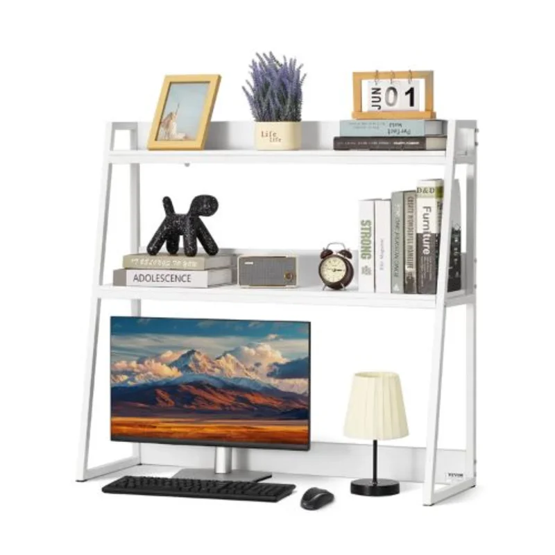 2-Tier Desktop Bookshelf Organizer White 37.4" Storage Rack (White)