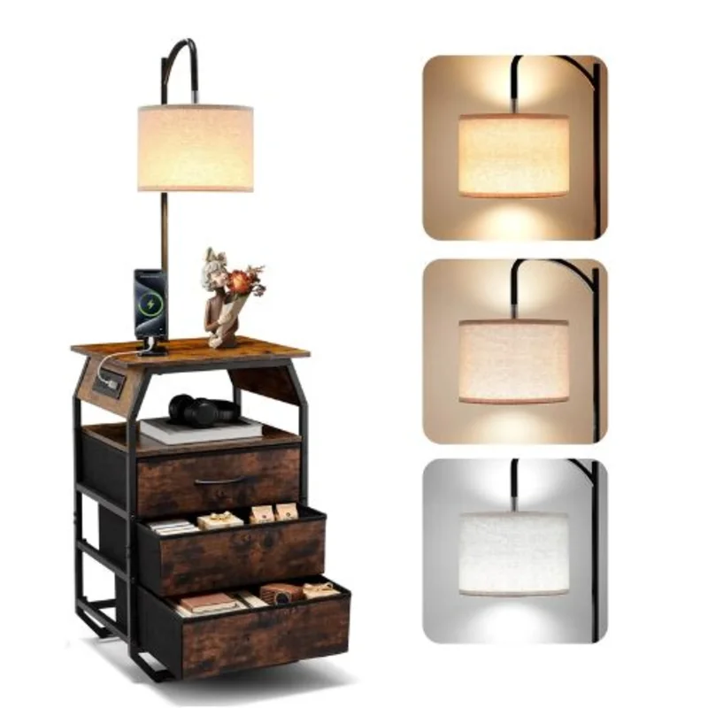 2-Tier End Table with 3 Drawers and 3 Color Temperature Lighting For Floor Lamp with Table
