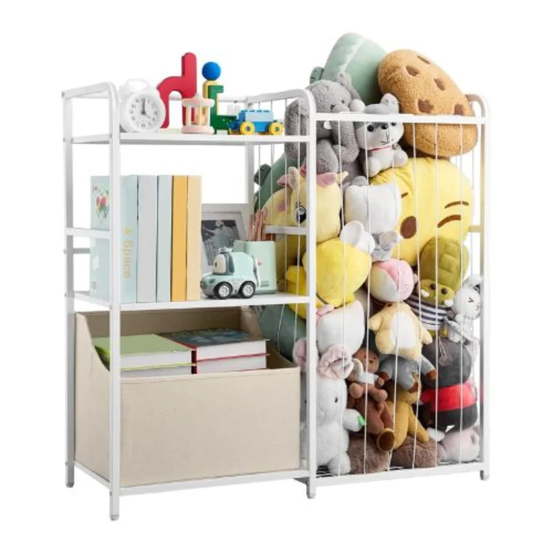 2-Tier Kids Bookshelf & Toy Storage Organizer with Fabric Toy Chest (White)
