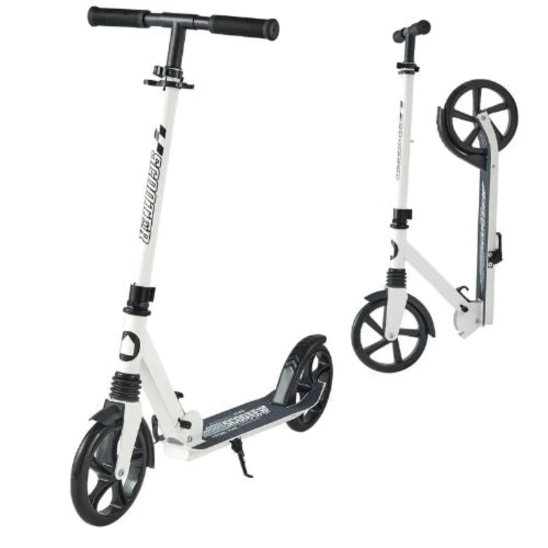 2-Wheel Kick Scooter for Kids 8+ Teens & Adults  Adjustable Handlebar Anti-Slip Deck Foldable White & Black Up to 220 lbs