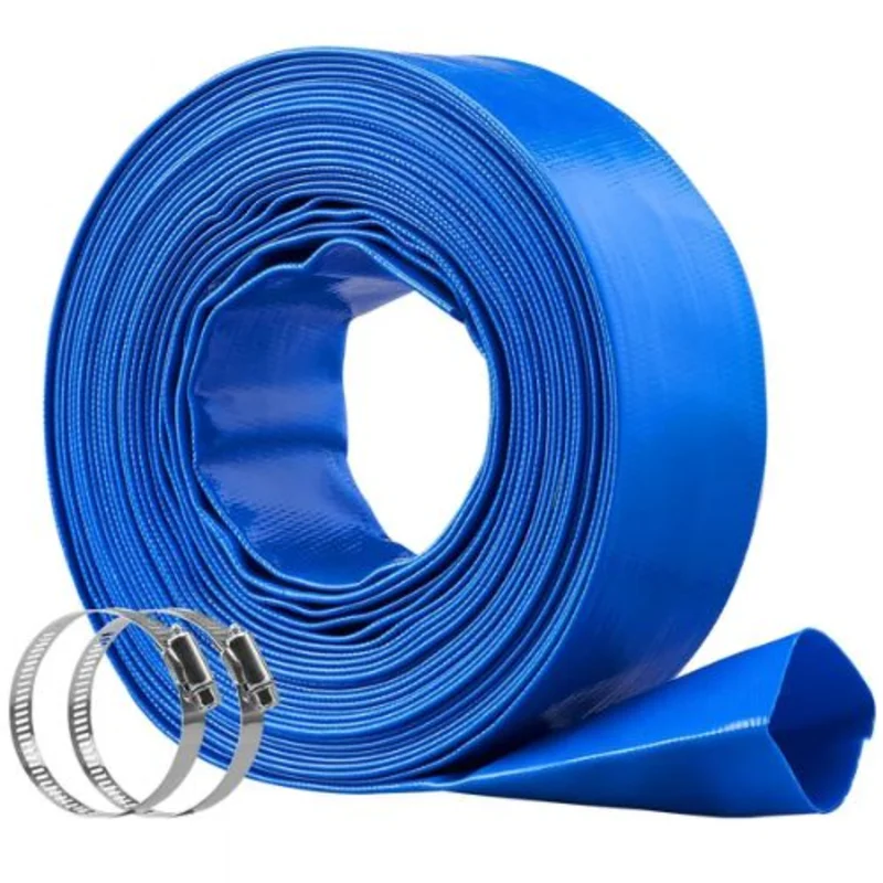 2" x 50FT PVC Lay Flat Drain Hose with Clamps  Heavy Duty, Weatherproof