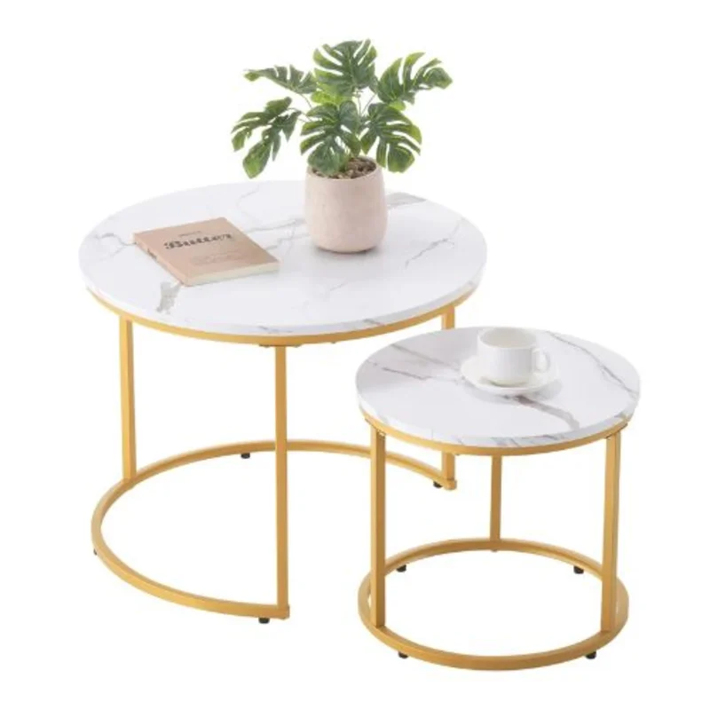 23-24 In Vintage Round Nesting Tables with Metal Frame (White & Gold)