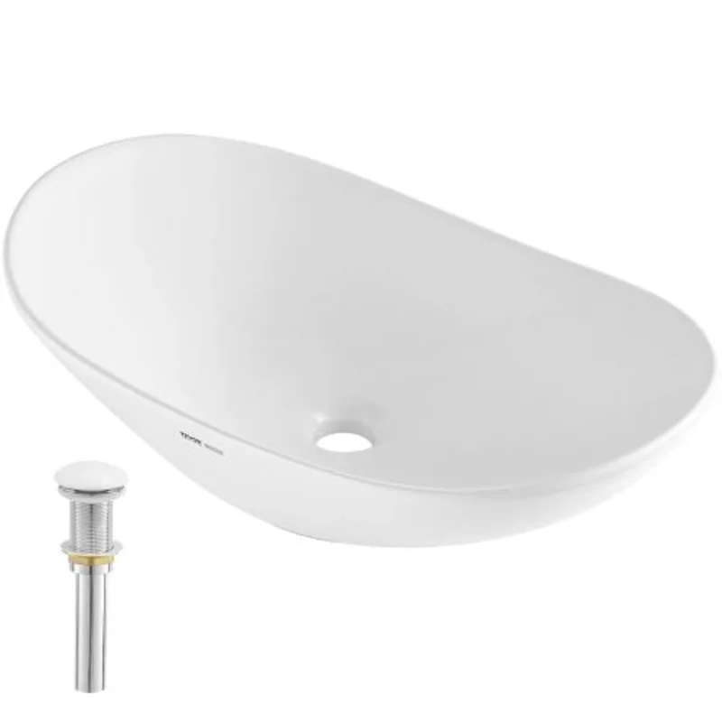 23.3" Oval Vessel Sink White Ceramic Above Counter Bathroom Basin