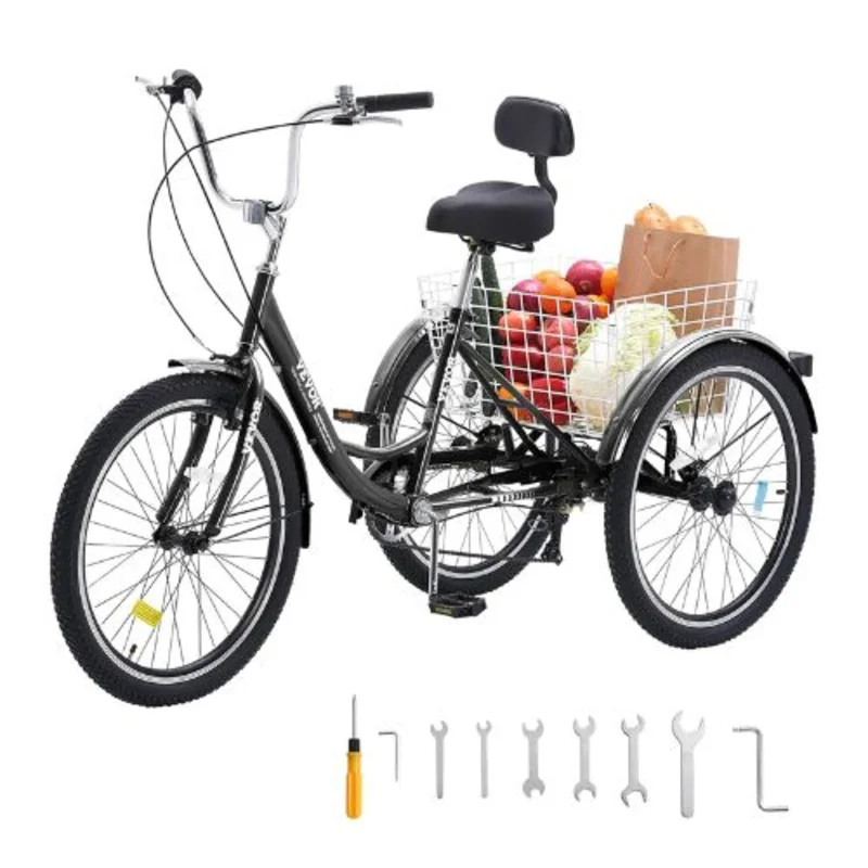 24 Adult Tricycle, 7-Speed Three-Wheel Bike with Basket, Carbon Steel Frame, Adjustable Seat  for Seniors Women Men