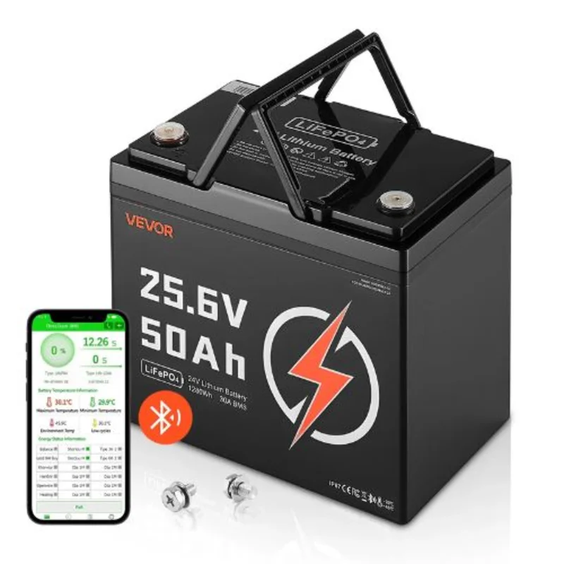 24V 50Ah LiFePO4 Battery Bluetooth 30A BMS 1280Wh Deep Cycle Low Temp Protection for RV Marine