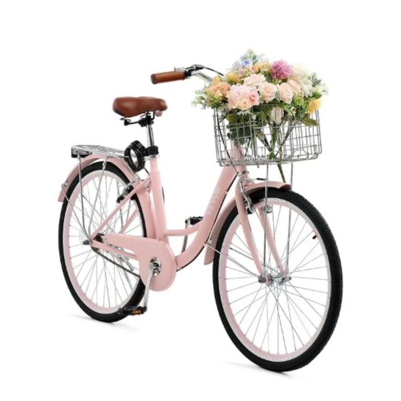 26" Pink Beach Cruiser Bike 1-Speed Cruiser with Large Basket Rear Rack & Adjustable Seat for Cycling, Exercise & Shopping