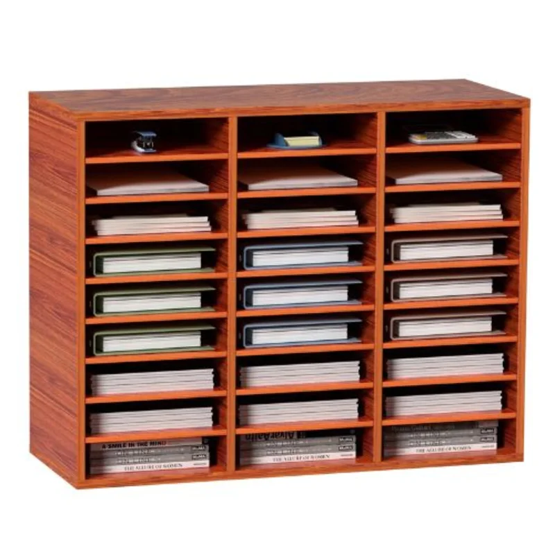 27-Compartment Wooden Literature Organizer with Adjustable Shelves for Office & Home Center Storage for Files & Documents (Brown)