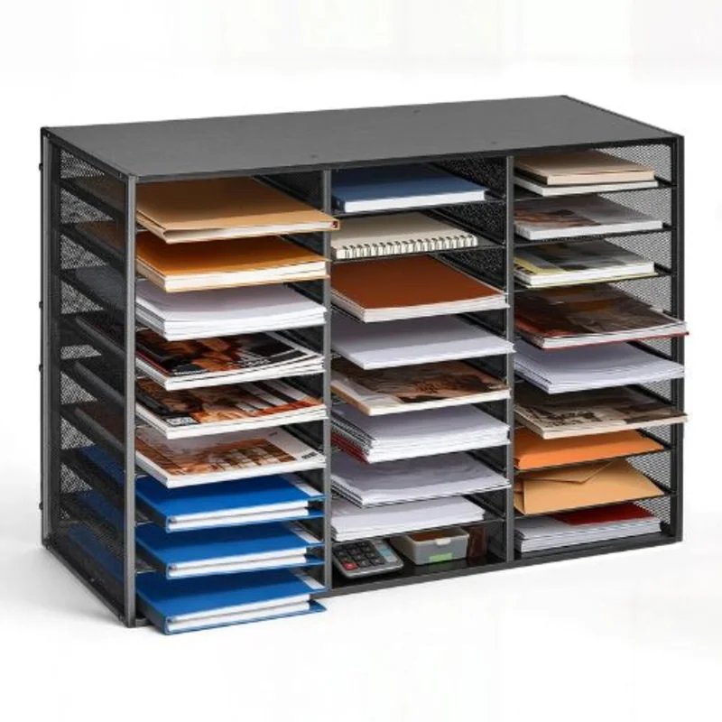 27 Compartments Metal Literature Organizer with Wooden Top Countertop Office Home Storage Organizer for File (Black)